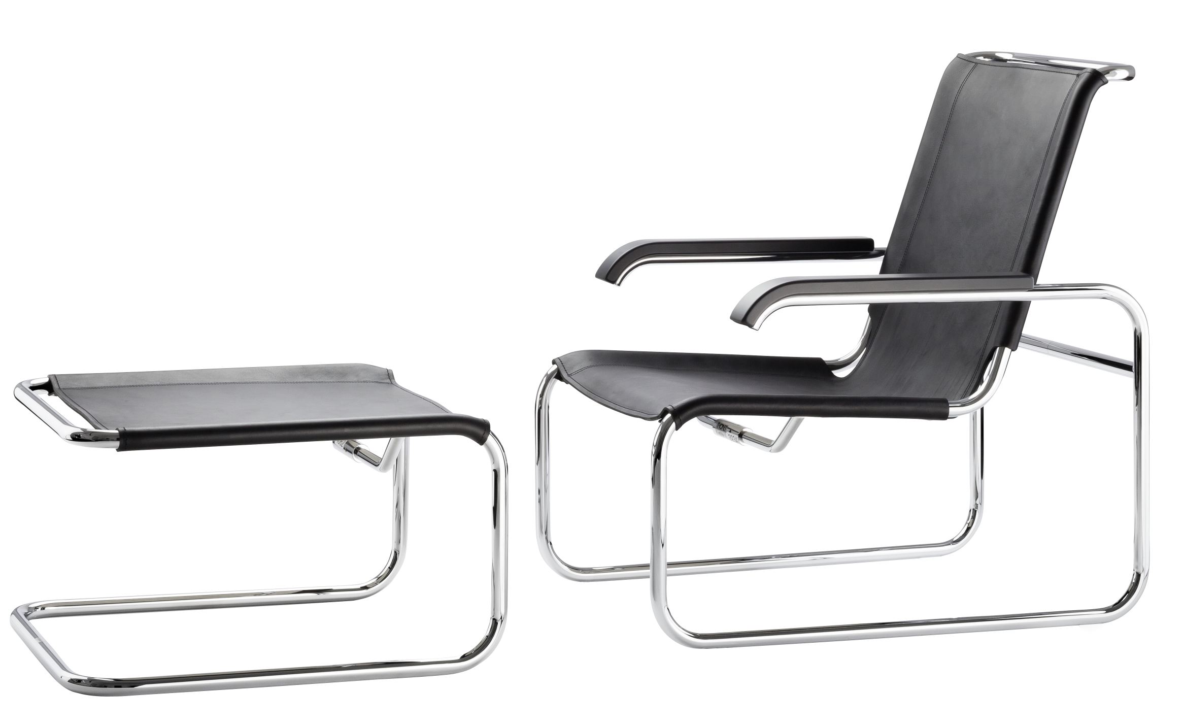 Bild eines Thonet S 35 LH Freischwinger Sessels mit Hocker, Leder schwarz, Stahlrohr verchromt.