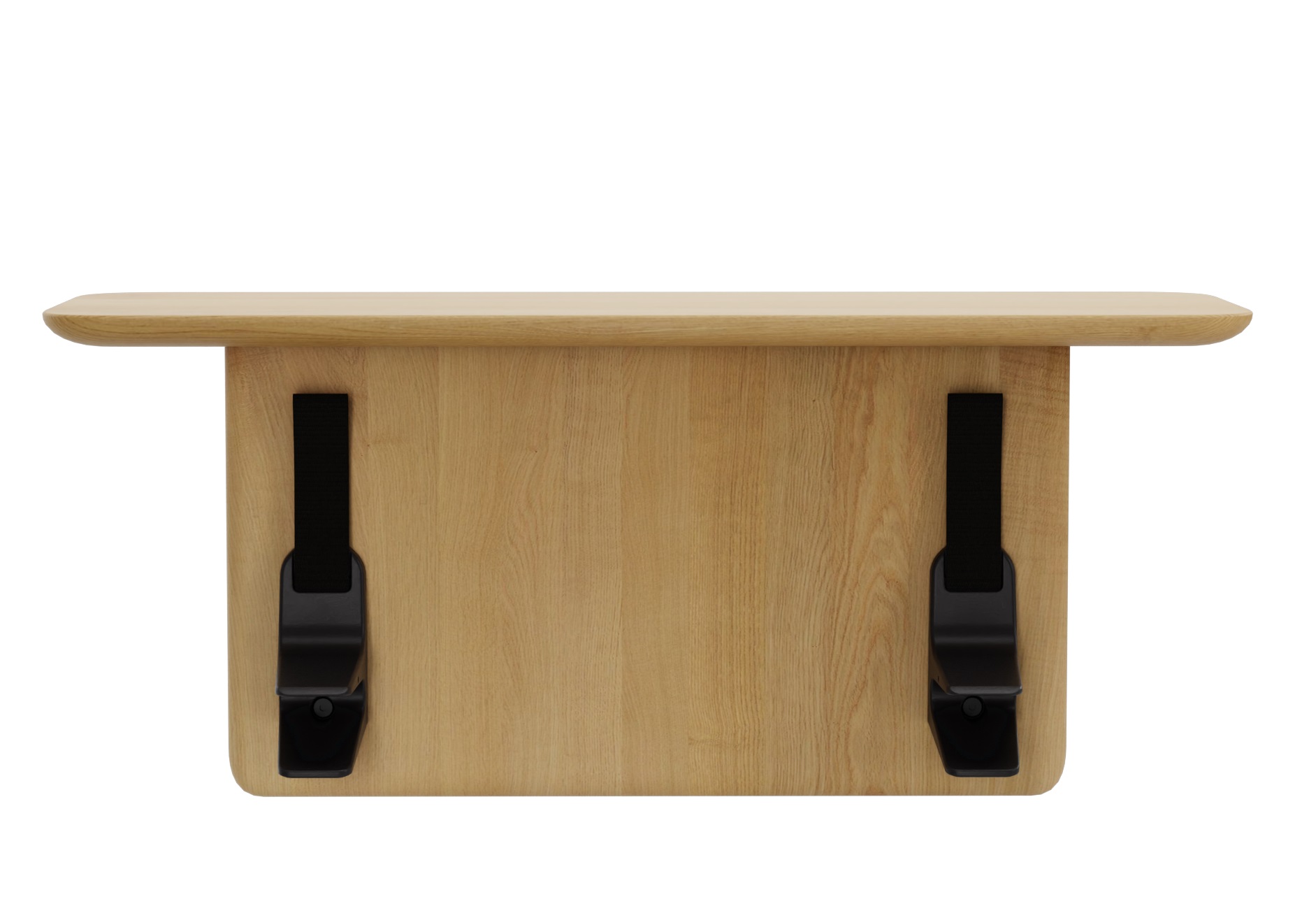 Vitra Anagram Anstecktisch aus hellem Holz mit schwarzen Halterungen, Frontansicht.