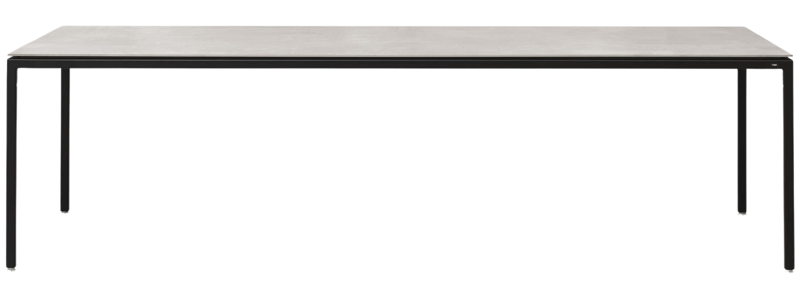 Großer Vipp Tisch mit hellgrauer Tischplatte und schwarzem Metallgestell, modernes Design für Esszimmer.