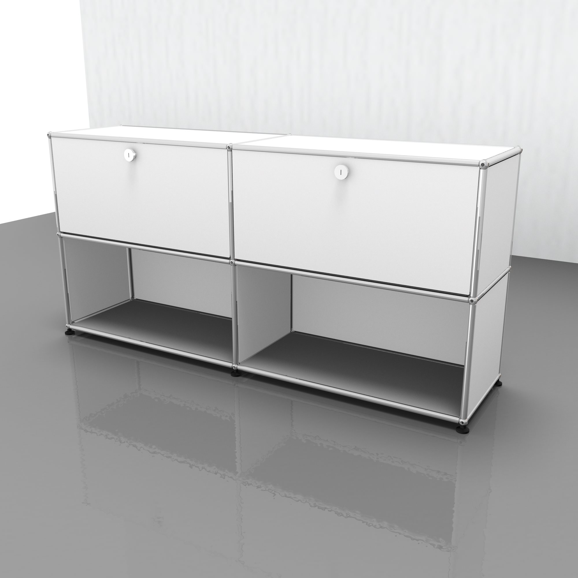 Weißes USM Haller Sideboard mit zwei Klappen und verchromtem Gestell, modernes Designmöbel für Wohnzimmer und Büro.