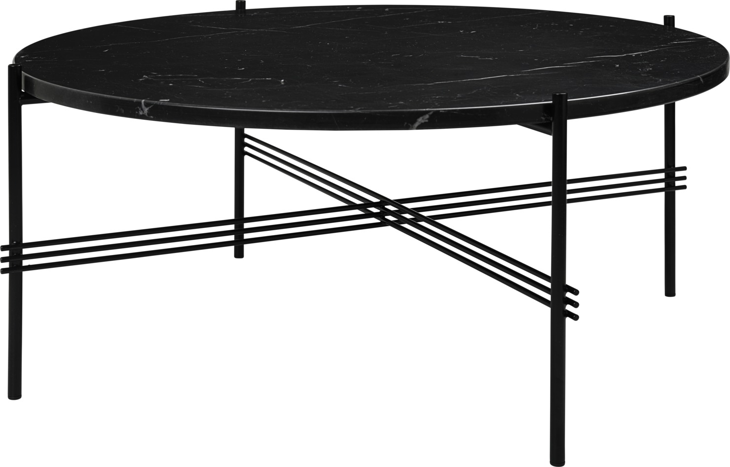TS Coffee Table von Gubi, runder Couchtisch mit schwarzer Marmorplatte und filigranem, schwarzem Metallgestell.