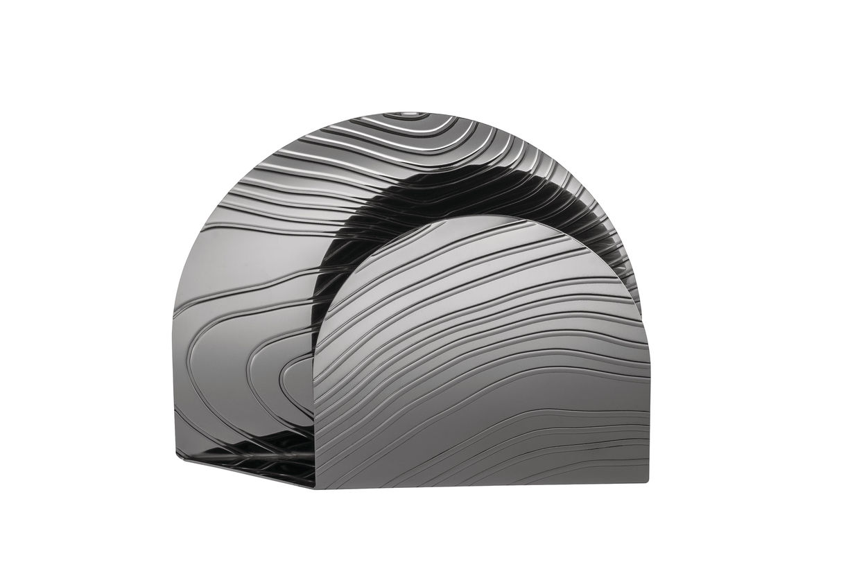 Alessi PU08 Serviettenhalter aus Edelstahl mit wellenförmigem Design, ein stilvolles Accessoire für Tischdekoration.