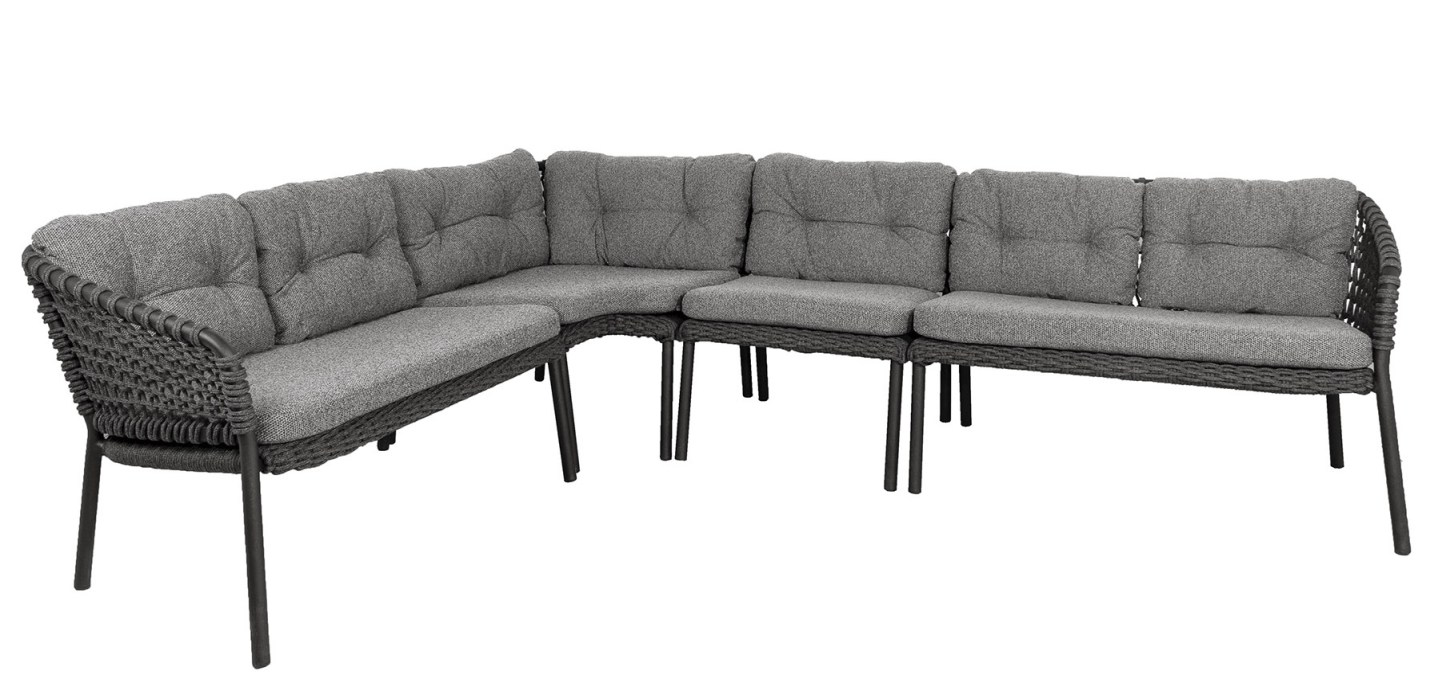 Graues Ocean Eckmodul Sofa von Cane-Line für den Außenbereich mit grauen Polstern.