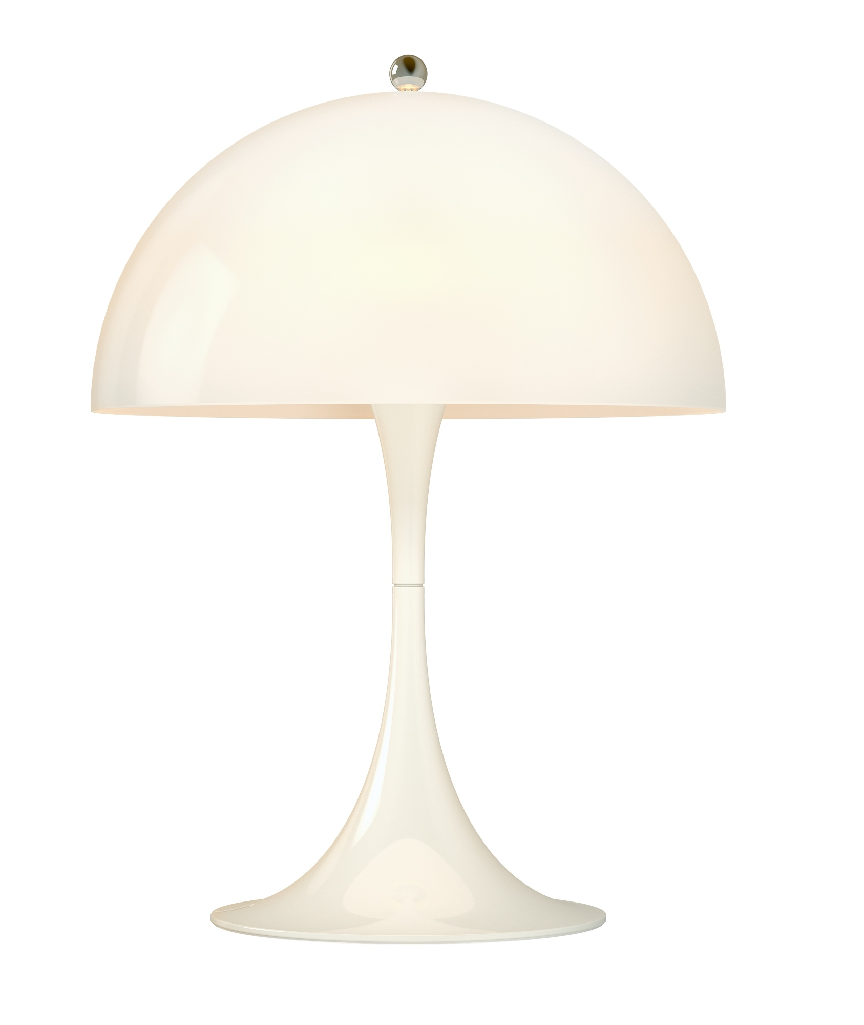 Weiße Panthella Tischleuchte von Louis Poulsen, modernes Design mit pilzförmigem Schirm und sanftem Licht.