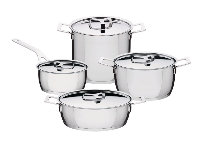 Alessi Pots & Pans Topfset aus Edelstahl mit Deckeln in verschiedenen Größen.