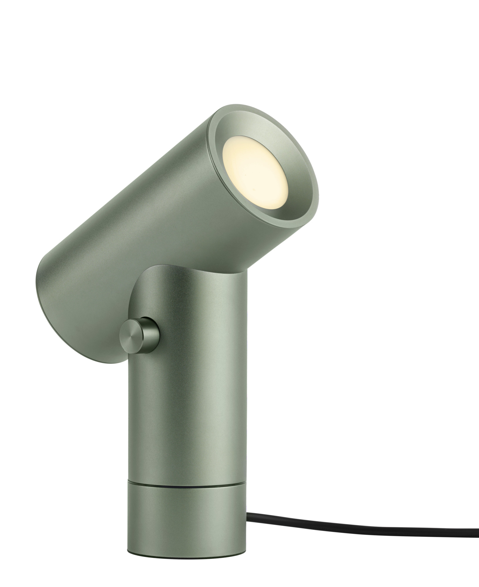 Nahaufnahme der grünen Muuto Beam Tischleuchte, modernes Design, dimmbar, für Nachttisch und Schreibtisch.