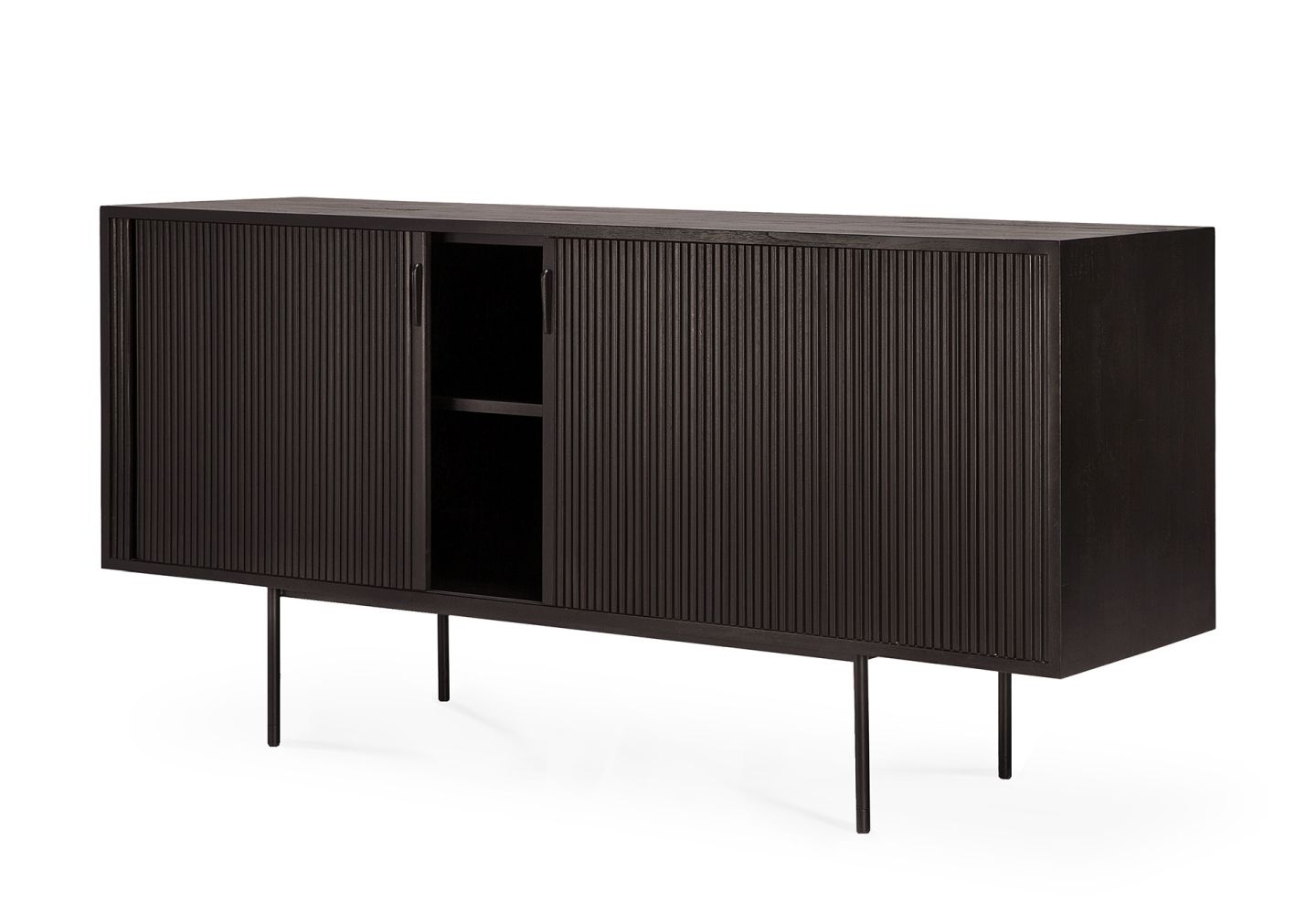 Roller Max Anrichte von Ethnicraft: Schwarzes Teakholz Sideboard mit zwei Schiebetüren und filigranen Metallbeinen.