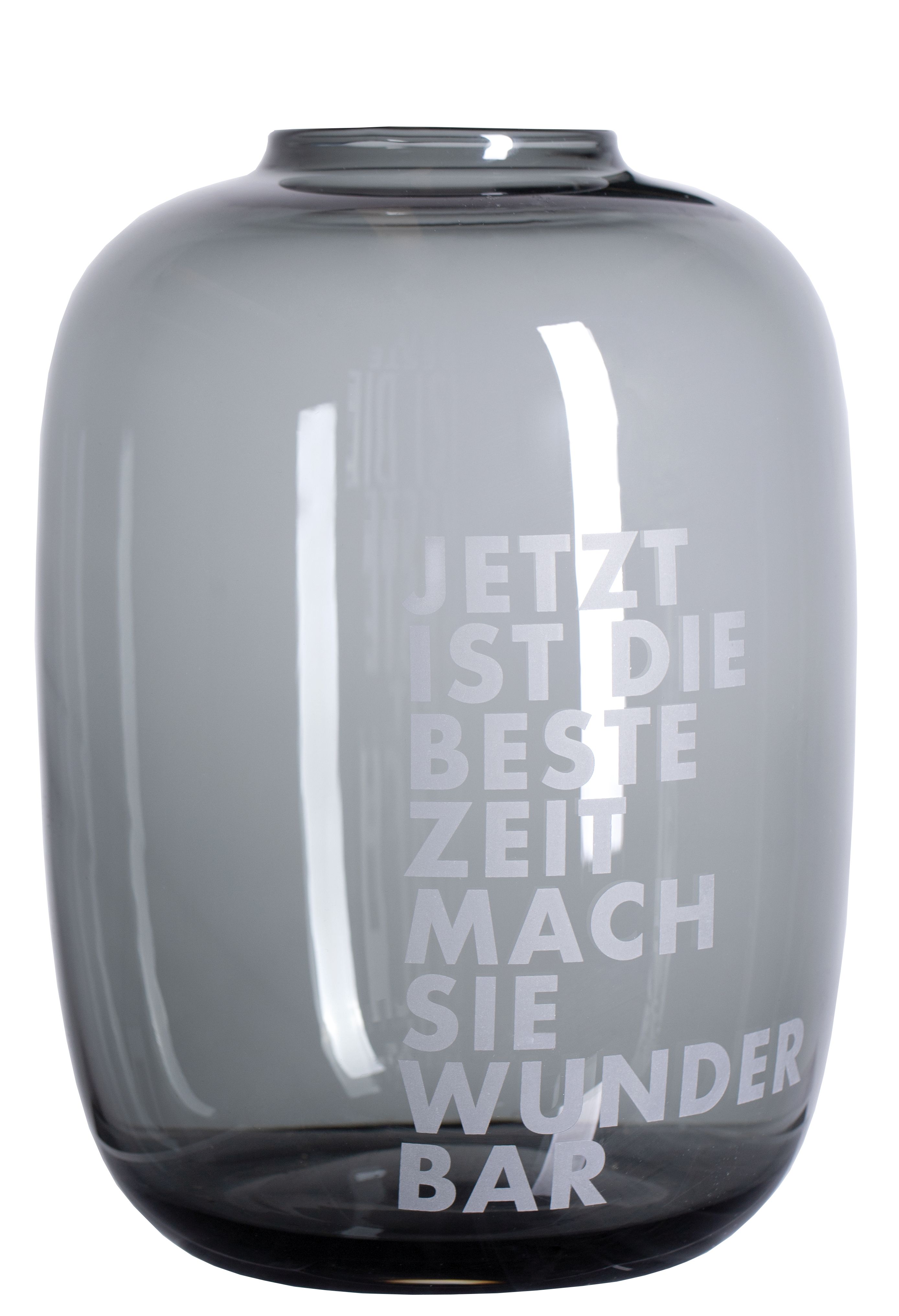 Graue Living Glasvase mit Aufschrift "Jetzt ist die beste Zeit". Dekorative Blumenvase für Wohnaccessoires.