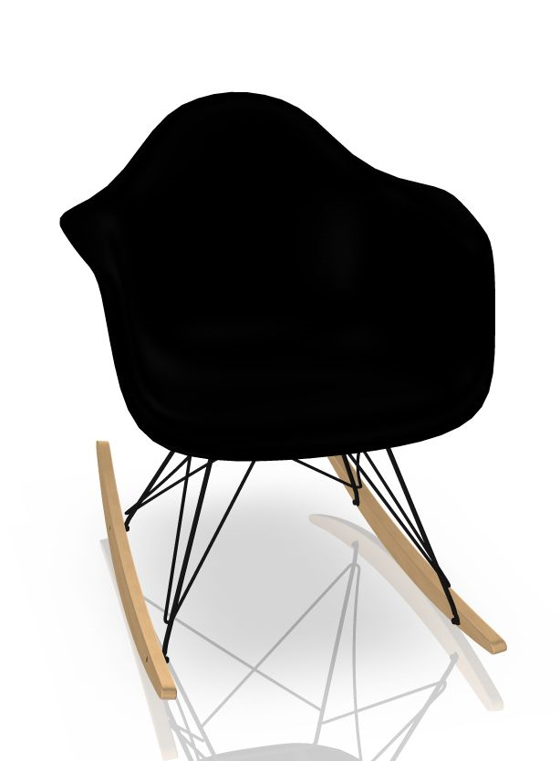 Schwarzer Eames Schaukelstuhl RAR mit Ahorn-Kufen und schwarzem Drahtgestell von Vitra. Designklassiker für Wohnzimmer.