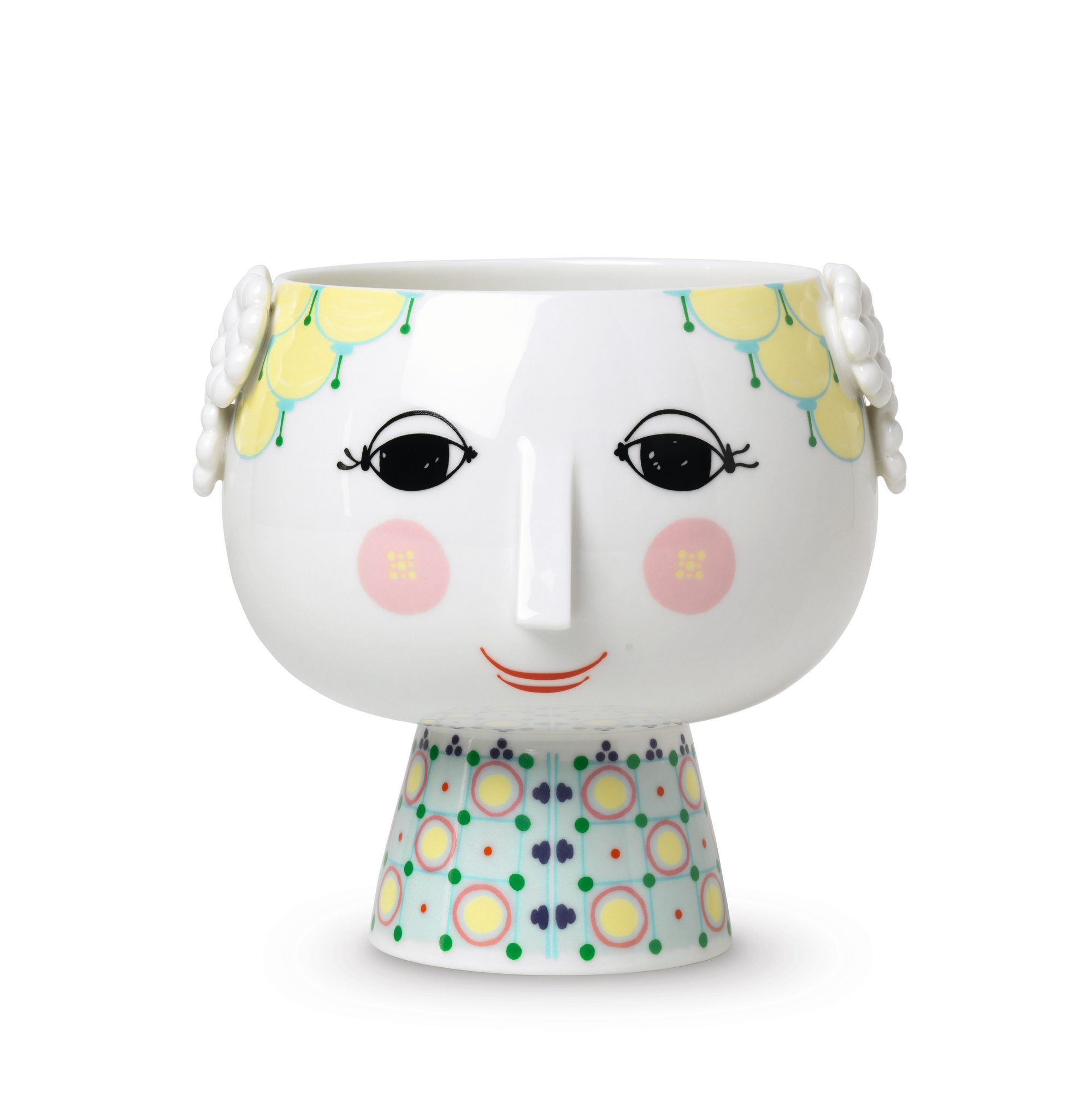 Übertopf Eva Bjorn Wiinblad mit Gesicht und floralem Muster, Keramik Blumentopf für Zimmerpflanzen.