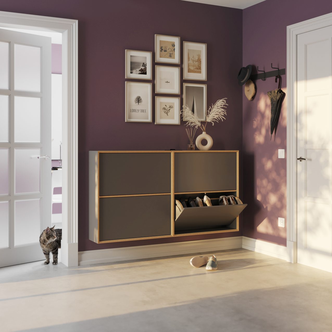 Moderner Vertiko Schuhrank von Müller Möbelwerkstätten in Grau und Holz mit Schuhen und Dekoration im Flur.