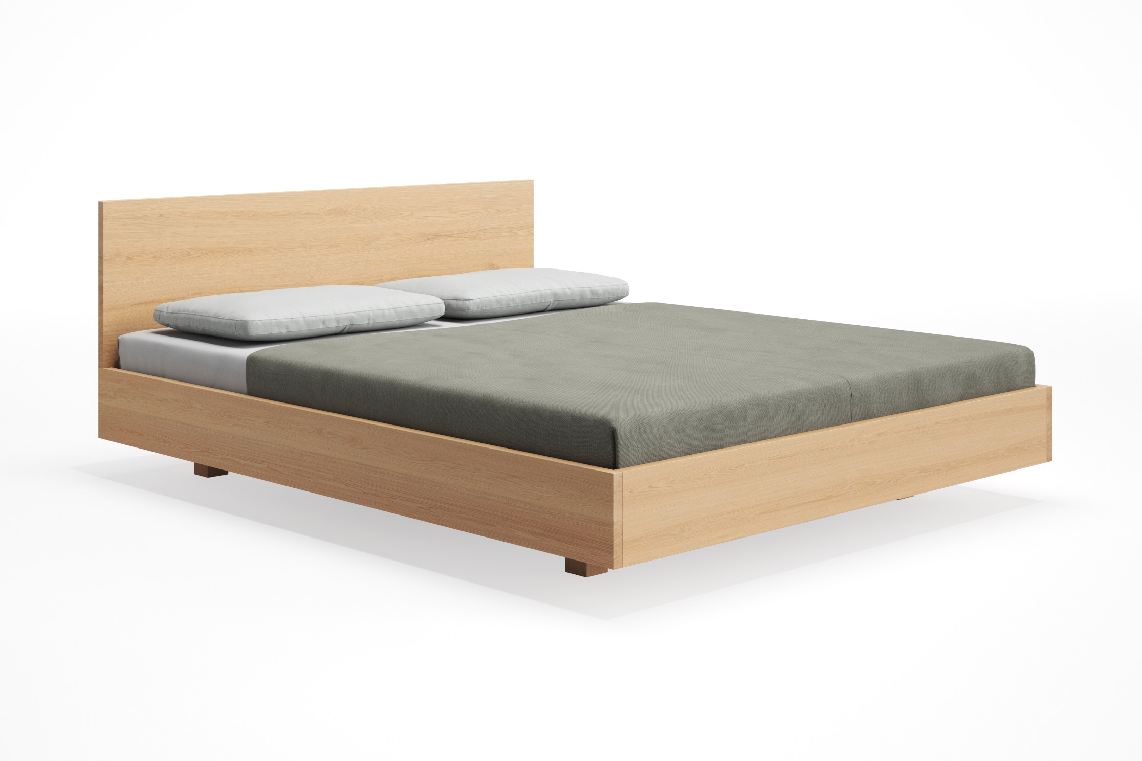 Simple HI Holzbett: Modernes Bettgestell aus hellem Holz mit Matratze und Kissen.