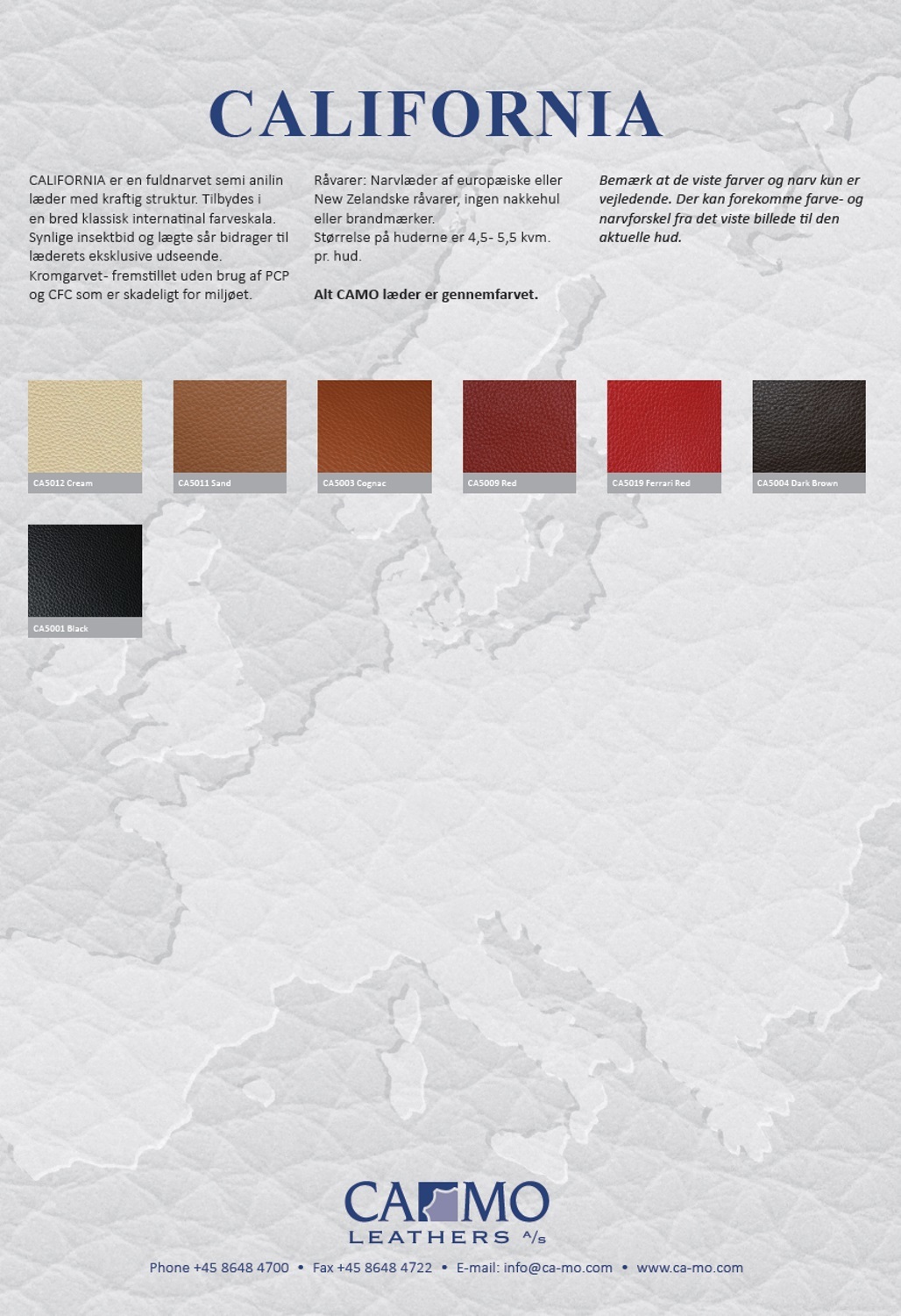 Ledermusterkarte California Camo Leathers: Farbmuster von Creme, Sand, Cognac, Rot, Ferrari Rot, Dunkelbraun und Schwarz.