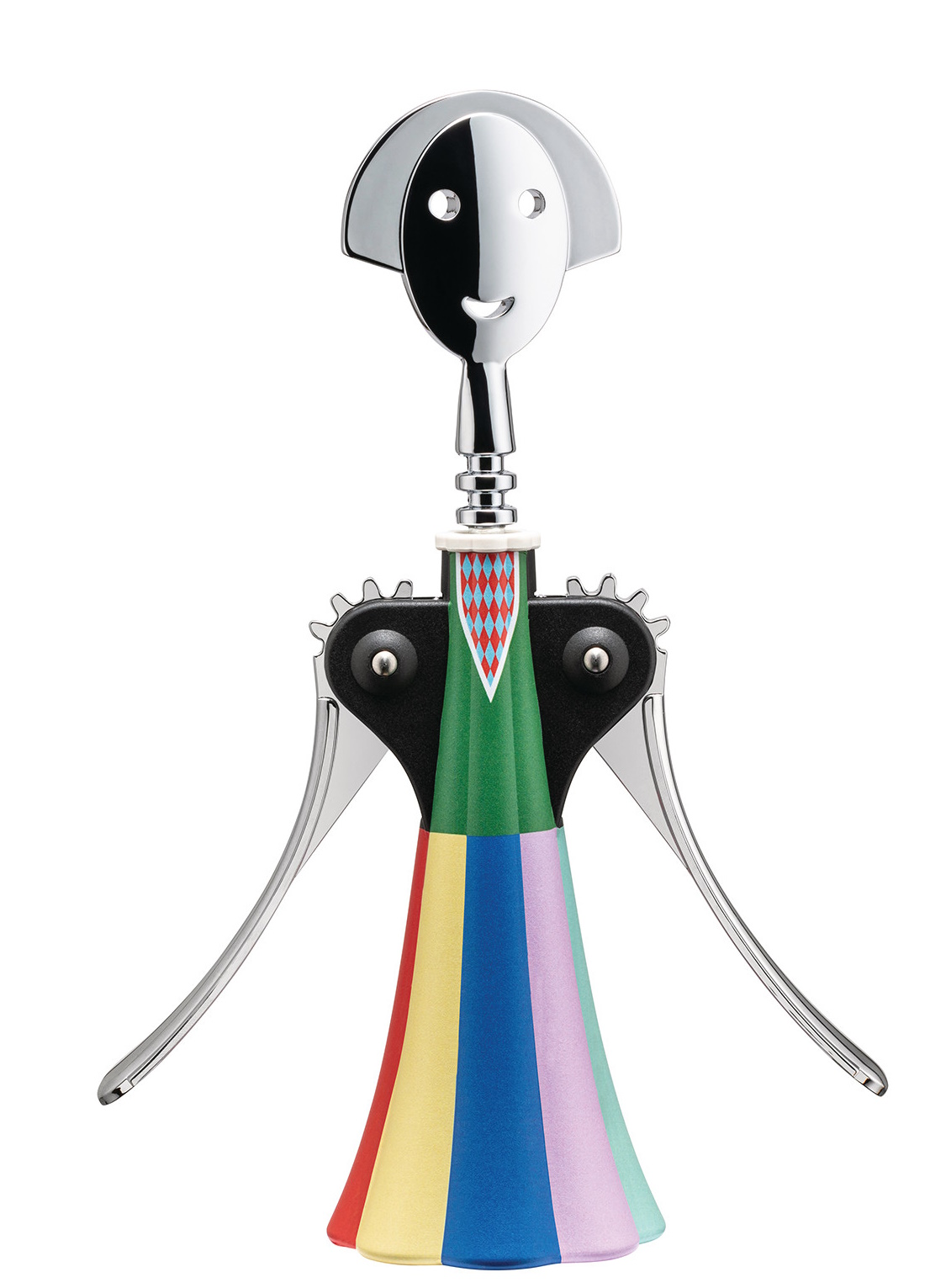 Alessi Anna G. Korkenzieher mit buntem Kleid und chromfarbenem Gesicht für Weinflaschen öffnen.