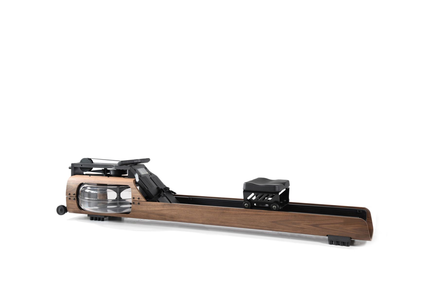 FLOW ONE Rudergerät von Stil-Fit in Walnuss-Optik, seitliche Ansicht. Premium Rudermaschine für effektives Training.