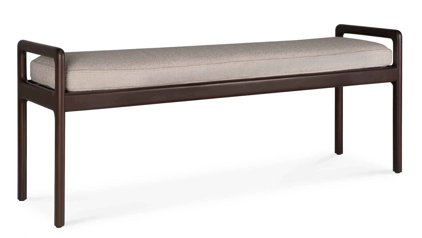 Jack Bank von Ethnicraft mit Sitzpolster in Ivory. Holzbank mit Armlehnen und Stoffbezug.