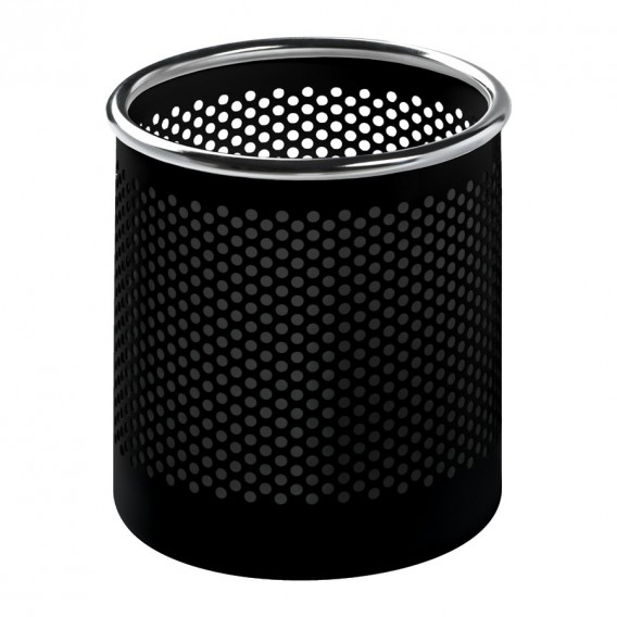 Schwarzer Cribbio Papierkorb von Rexite mit Lochmuster und silberfarbenem Rand. Büro Accessoire.