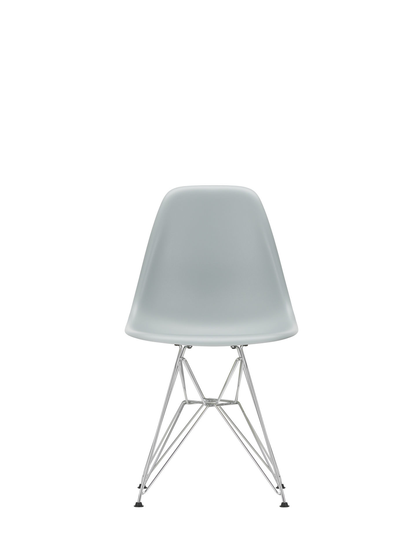 Eames Plastic Side Chair DSR Stuhl in Chrom-Weiss: Ansicht von vorne, Designklassiker, moderner Stuhl.