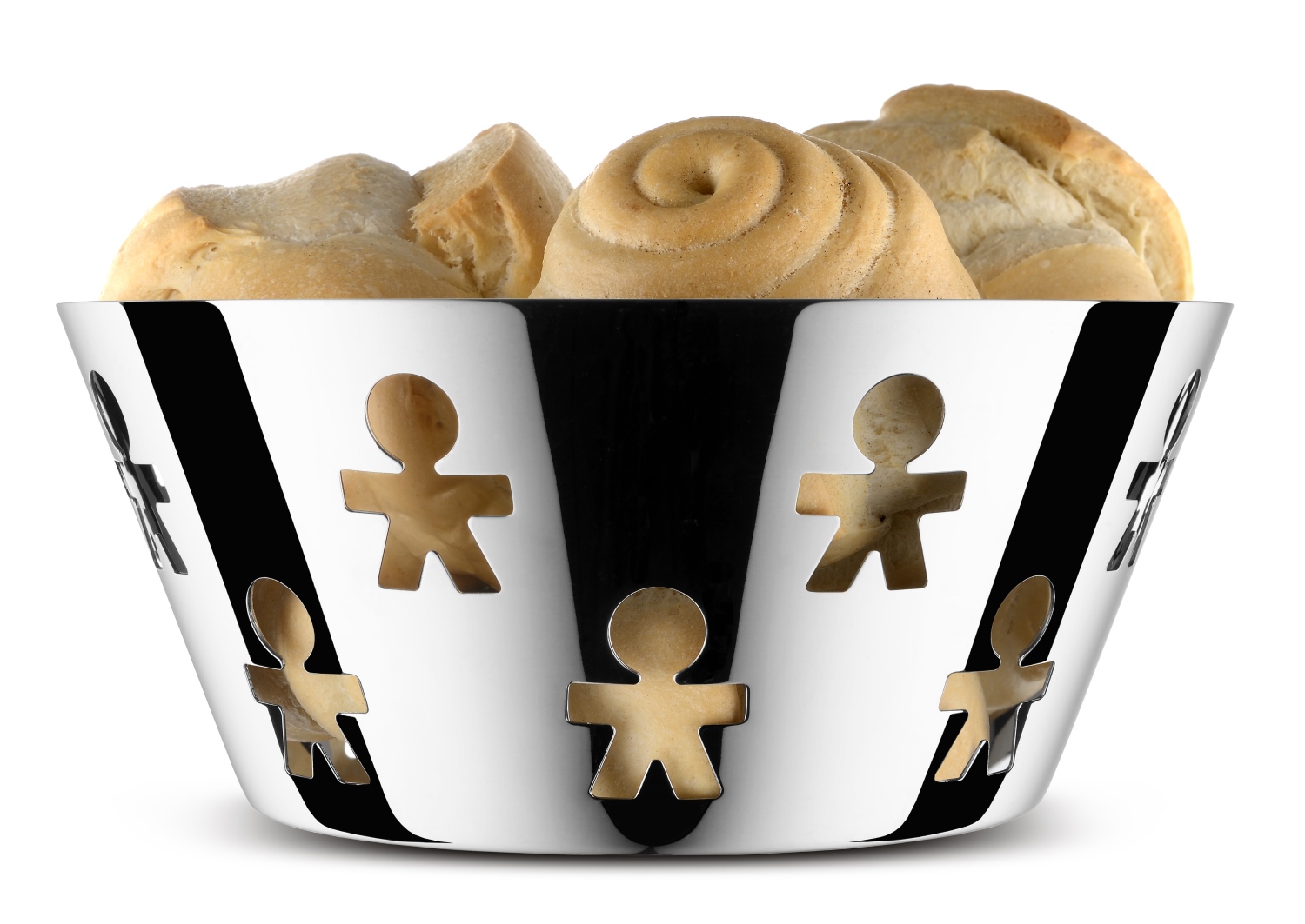 Alessi Girotondo Schale mit Brot. Edelstahl Schale mit ausgeschnittenen Männchen. Design Schale.