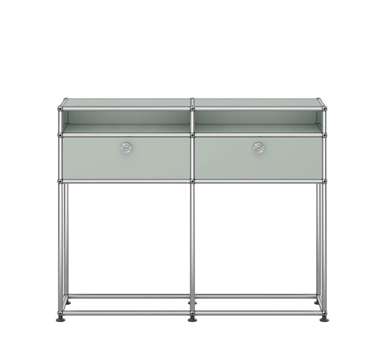 USM Haller Sideboard in Lichtgrau mit zwei Schubladen und verchromtem Gestell.