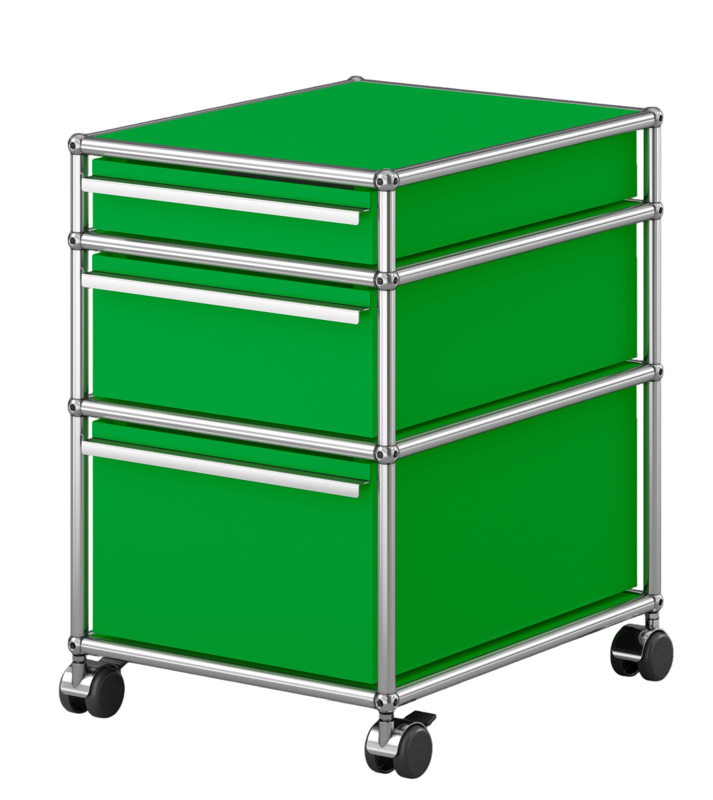 USM Haller Rollcontainer in Grün mit drei Schubladen und verchromtem Gestell auf Rollen.