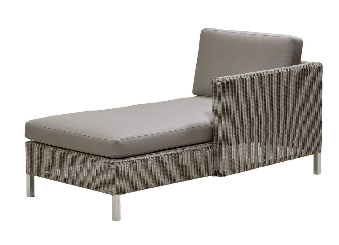 Connect Chaiselongue Modulsofa links in Taupe von Cane-Line. Gartenmöbel aus Rattan mit Kissen.