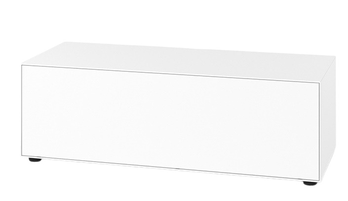 Weißes Nex Pur Box Lowboard von Piure mit Medienklappe, minimalistisches TV-Möbel.