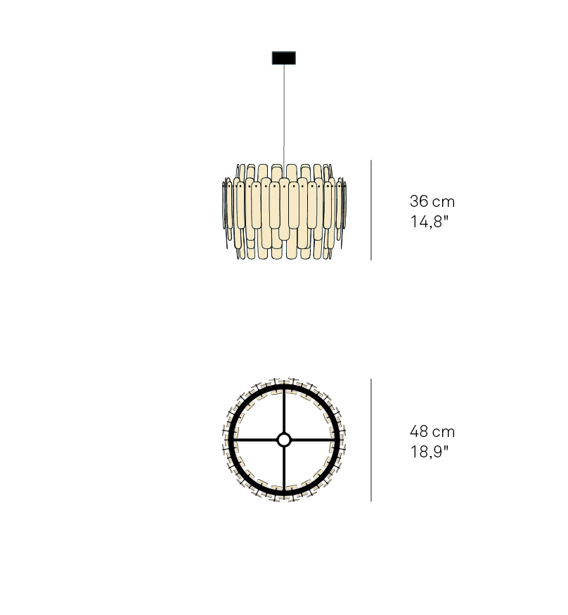 Abbildung der Maruja Pendelleuchte von LZF Lamps in Hellrosa mit Maßangaben.