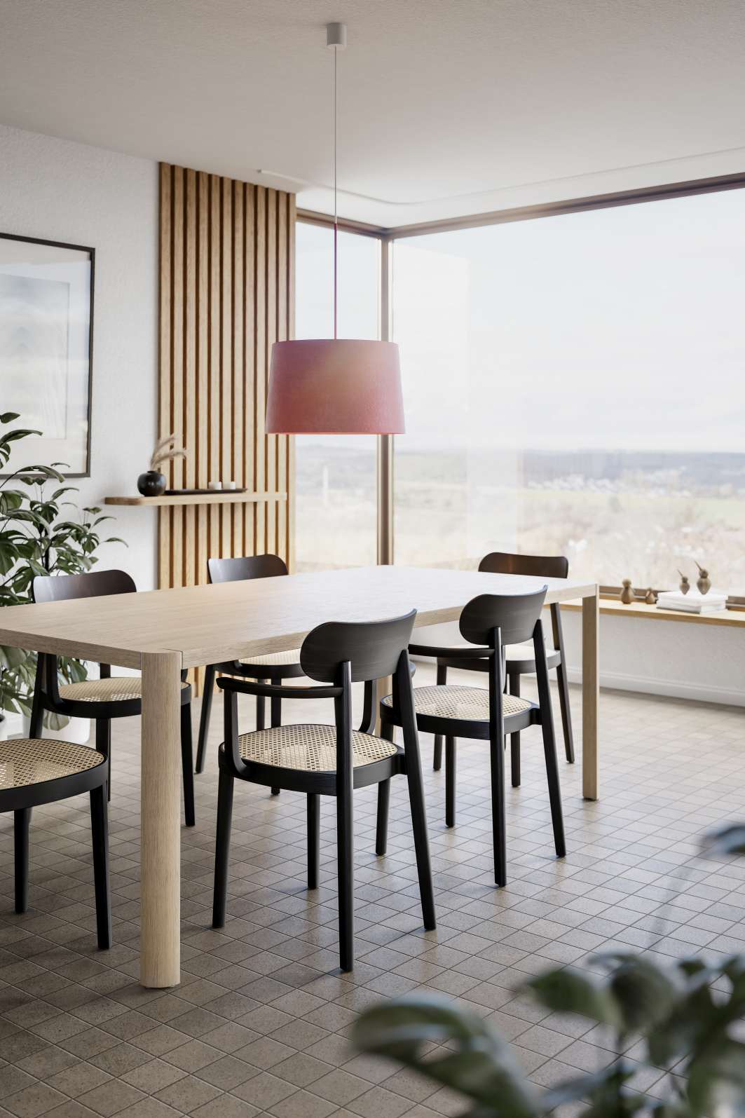 Heller 1140 Esstisch aus Holz mit schwarzen Stühlen und Wiener Geflecht in modernem Esszimmer.