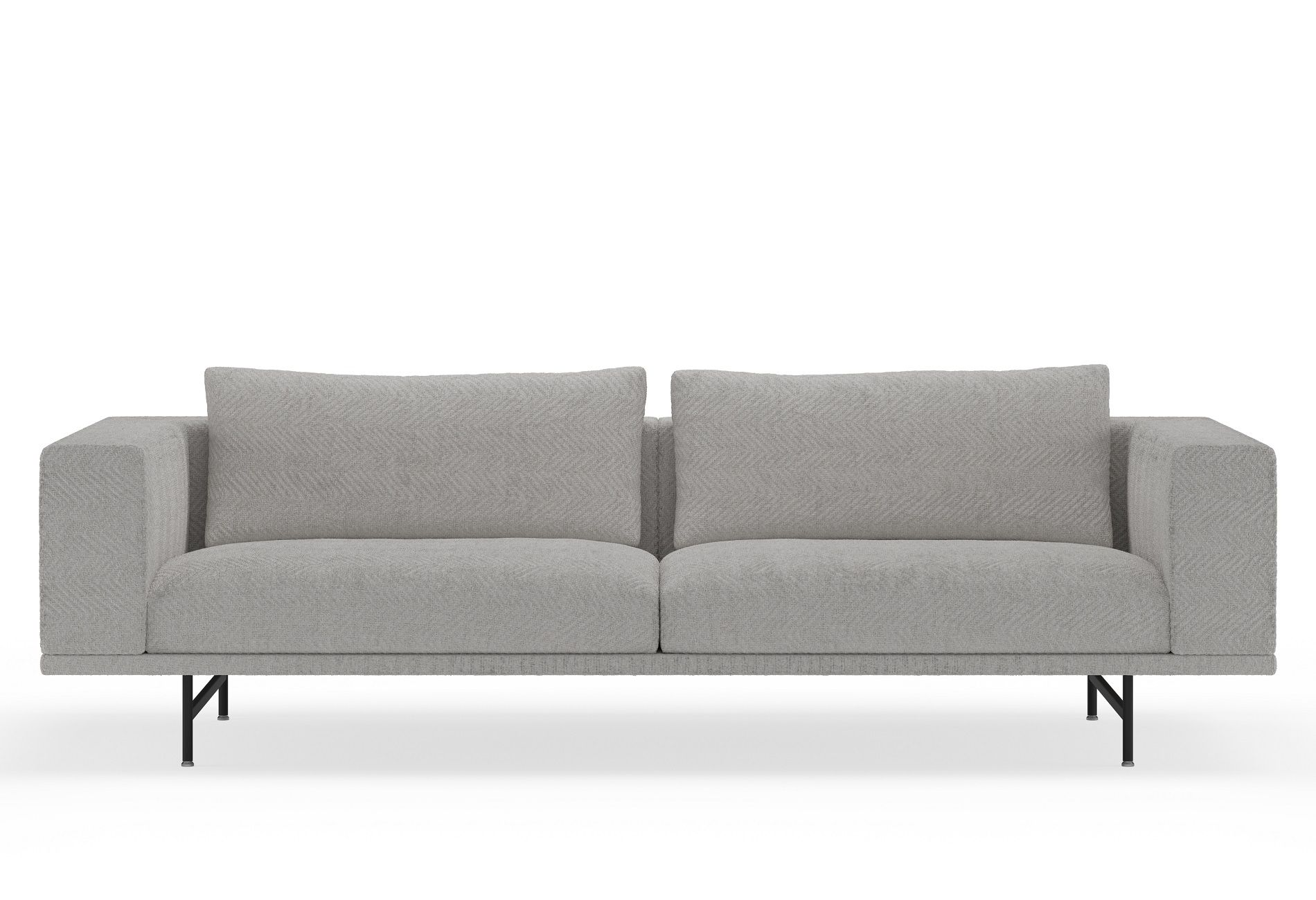 Graues Vipp Loft Modul Sofa 3-Sitzer mit zwei Kissen und schwarzen Metallfüßen.