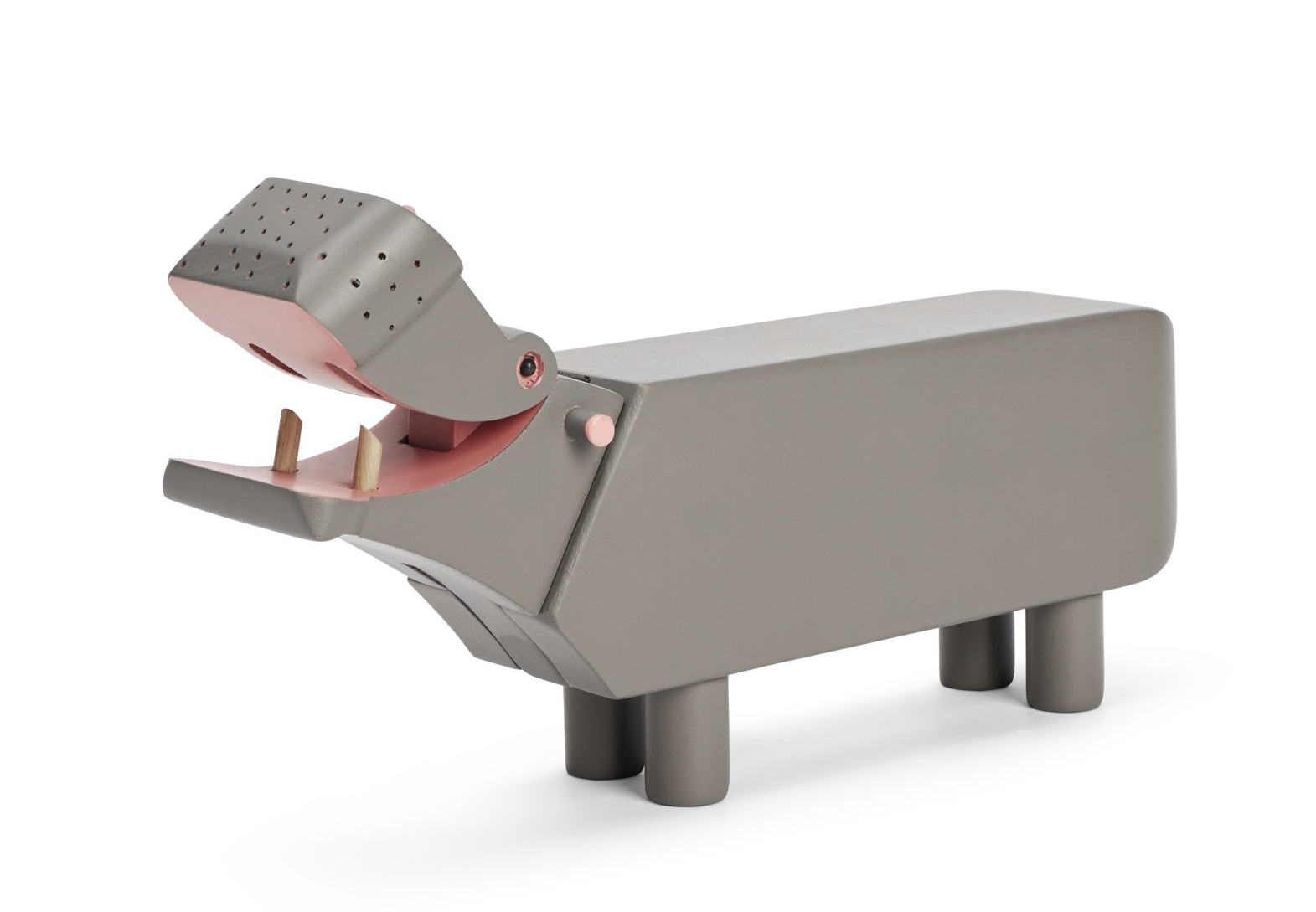 Graues Kay Bojesen Flusspferd aus Holz, 9 cm hoch, mit geöffnetem Maul.