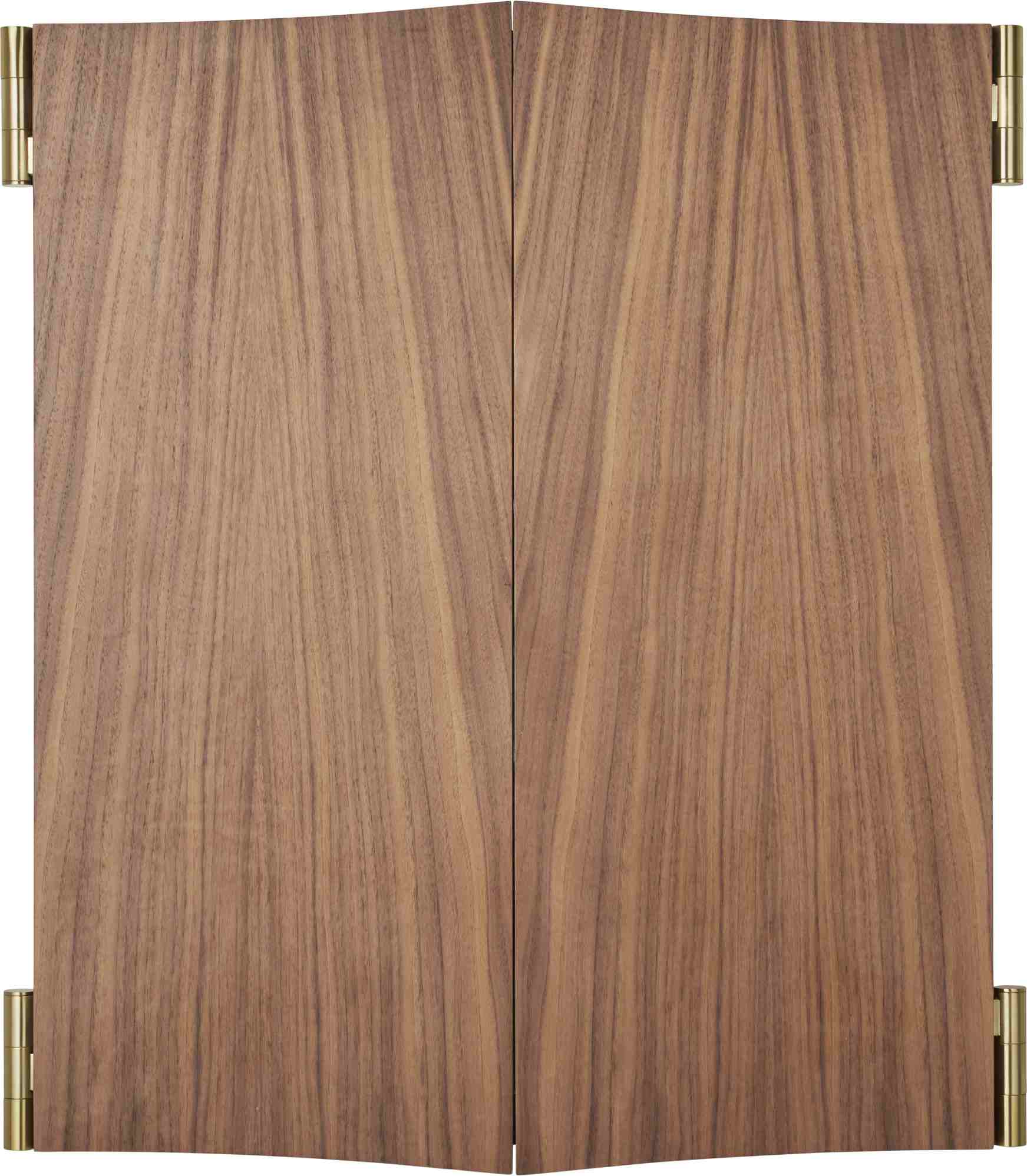 Nahaufnahme des Gubi Vanity Wall Mirror 3 Wandspiegels mit Walnussholz-Finish und goldenen Scharnieren.