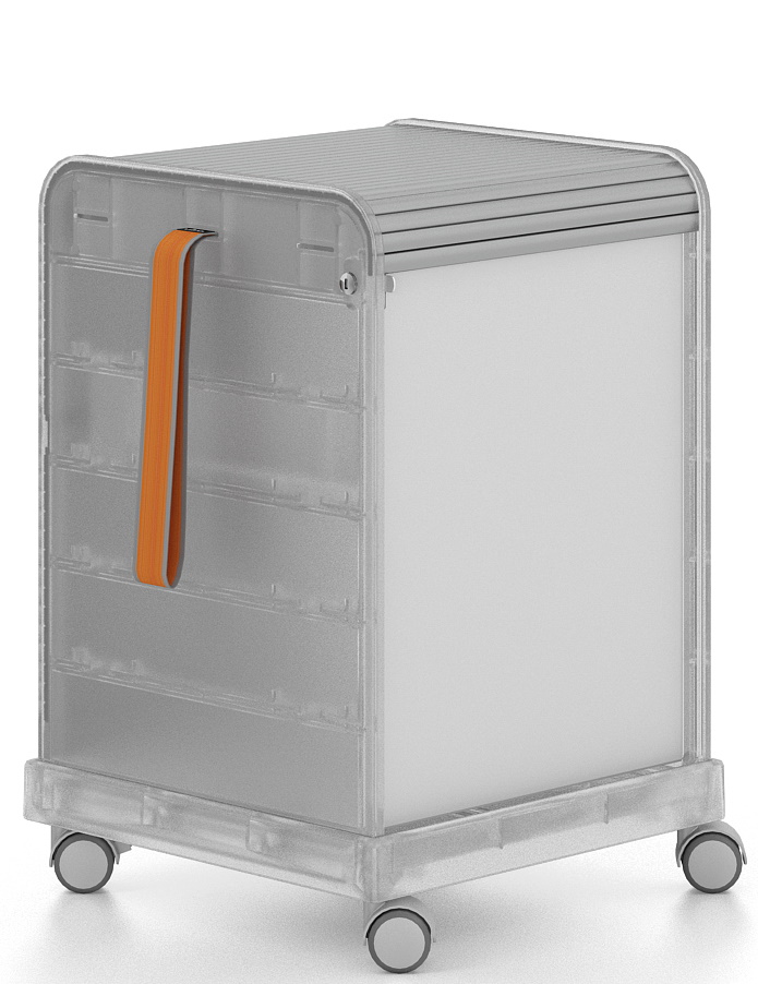 Transparenter "Follow Me" Rollcontainer von Vitra mit Rollen, Griff und Rollladen für Bürobedarf.