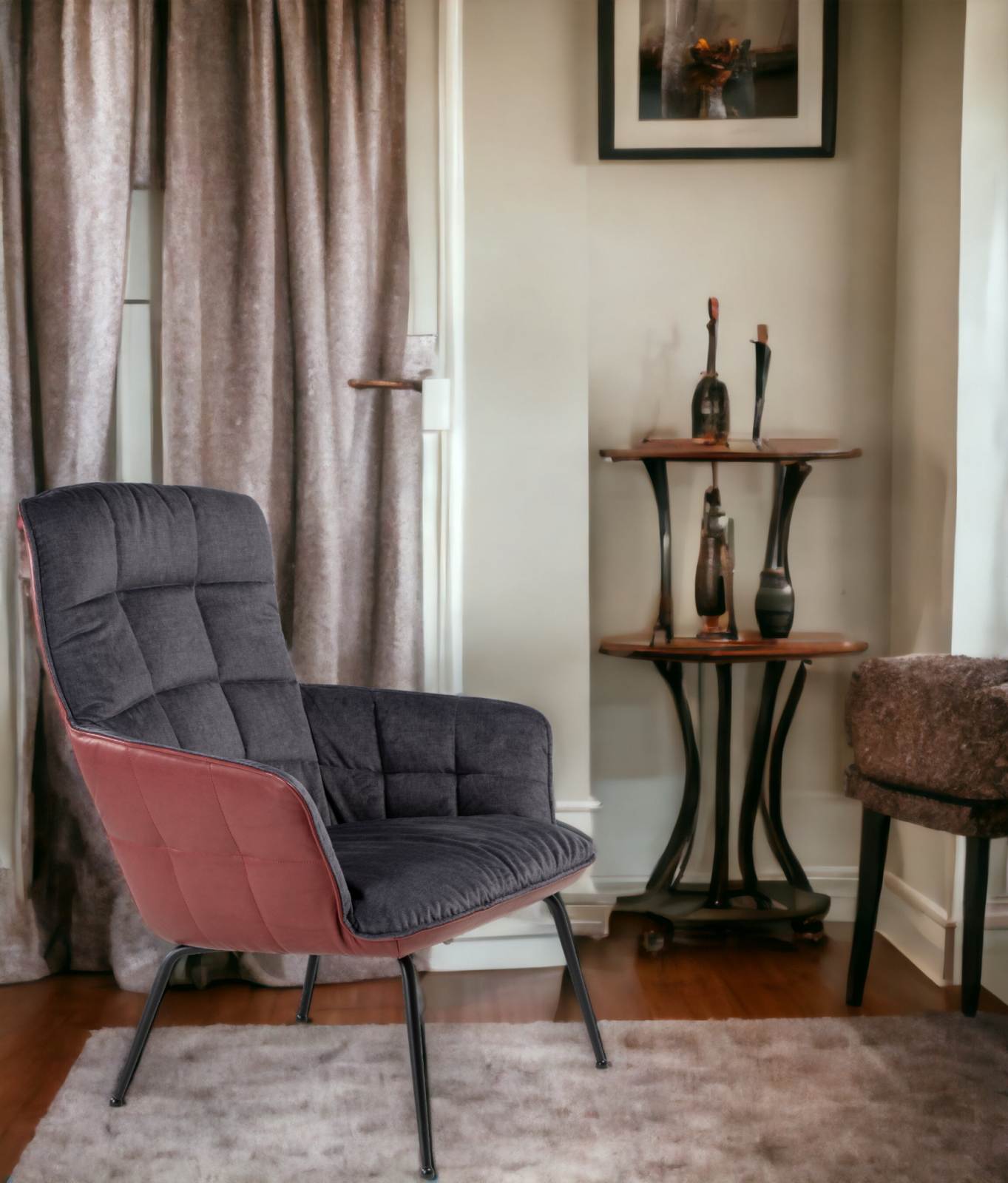 Marla Easy Chair High Sessel: Moderner, grauer Sessel mit gesteppter Polsterung und roten Akzenten. Bequemer Design-Sessel.