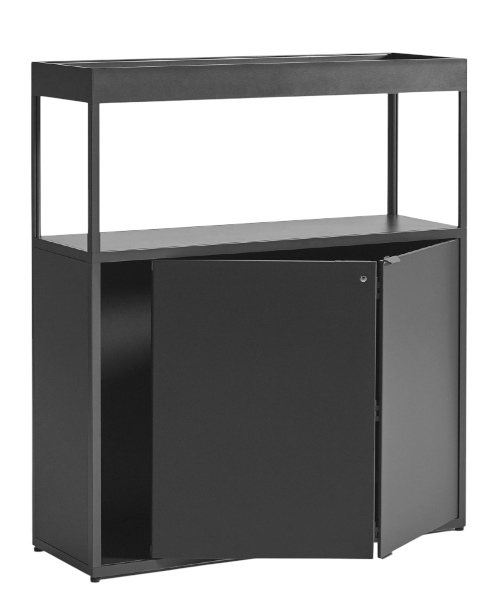 Schwarzes New Order Sideboard von Hay mit Regalen und einer geöffneten Tür.