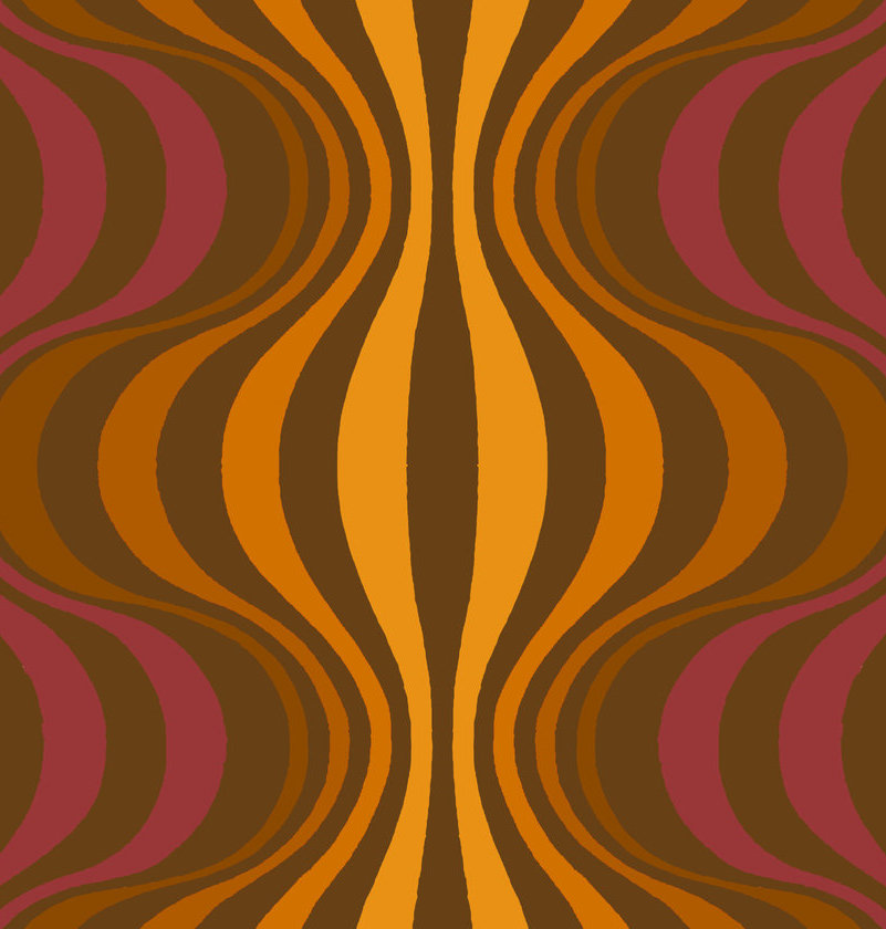 Abstraktes Muster der Verner Panton VP Onion 2 Tapete mit braunen, orangefarbenen und roten Wellenlinien.
