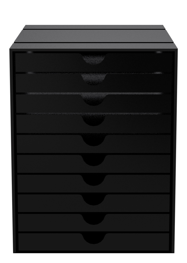 Schwarzes USM Haller Inos Kastenset C4 mit 10 geschlossenen Schalen für das Home Office.
