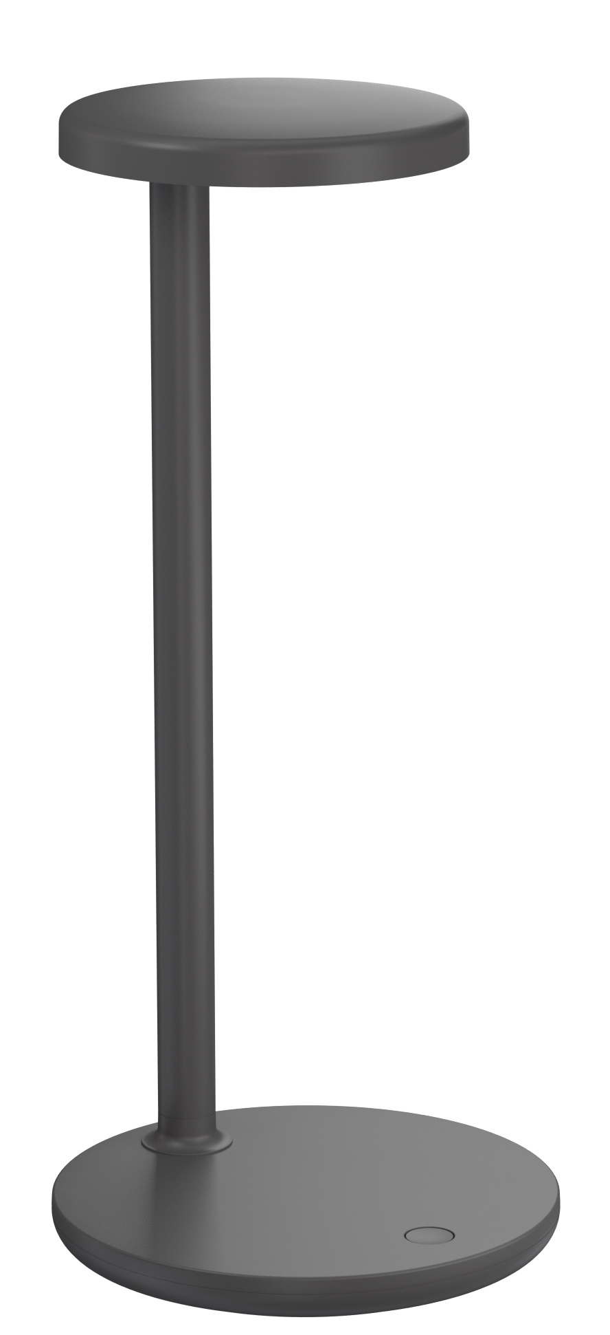 Graue Oblique Tischleuchte von Flos: Moderne LED-Tischlampe mit rundem Fuß und Kopf.