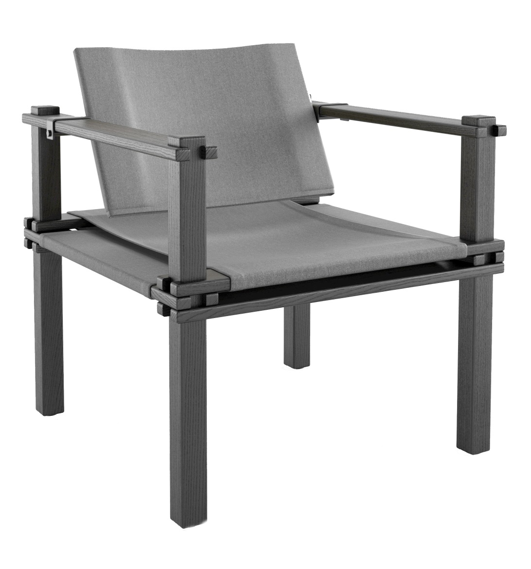 Grauer Farmer Sessel Outdoor Cor: Moderner Gartensessel mit Armlehnen und Stoffbezug für den Außenbereich.