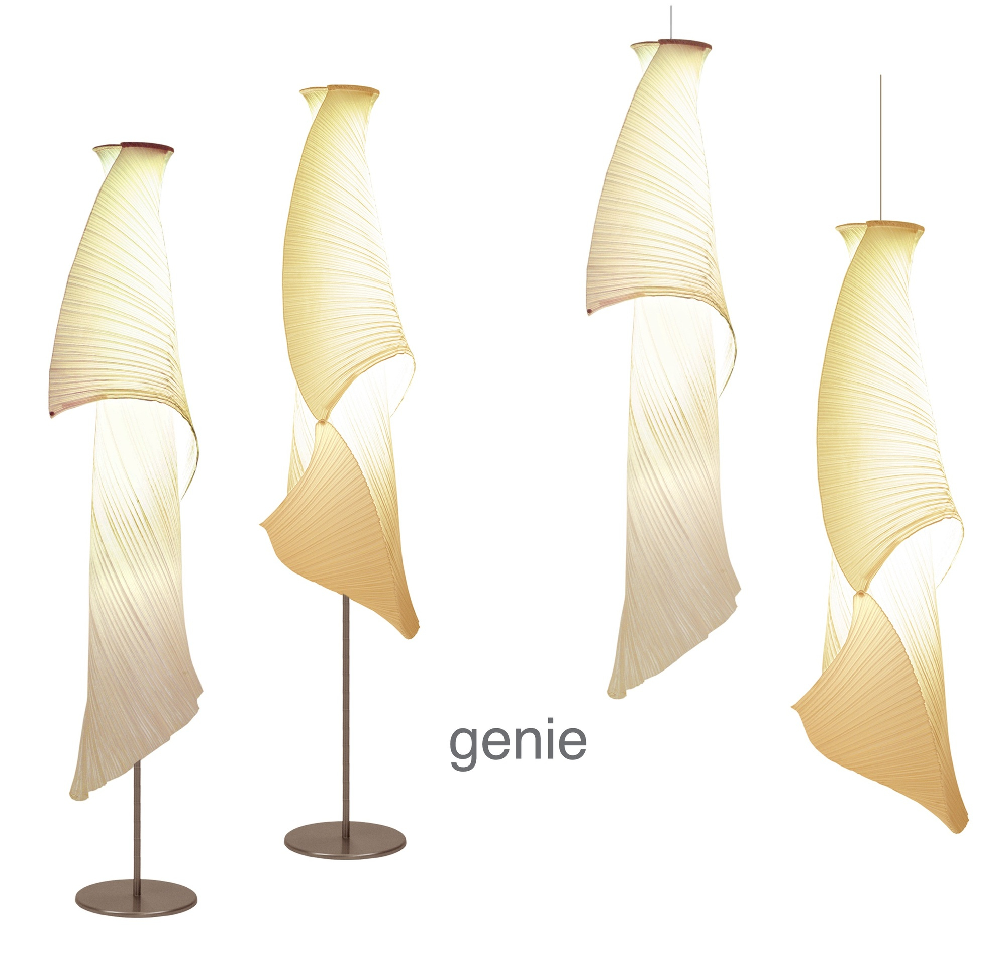 Genie Stehleuchte: Elegante Designerlampe mit plissiertem Lampenschirm und warmem Licht für stimmungsvolle Beleuchtung.