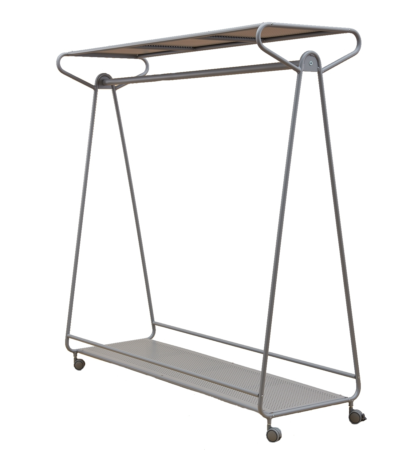 Ellipse Garderobe auf Rollen von Segis, Aluminium, mit Hutablage und Taschenablage. Moderne Kleiderständer Lösung.