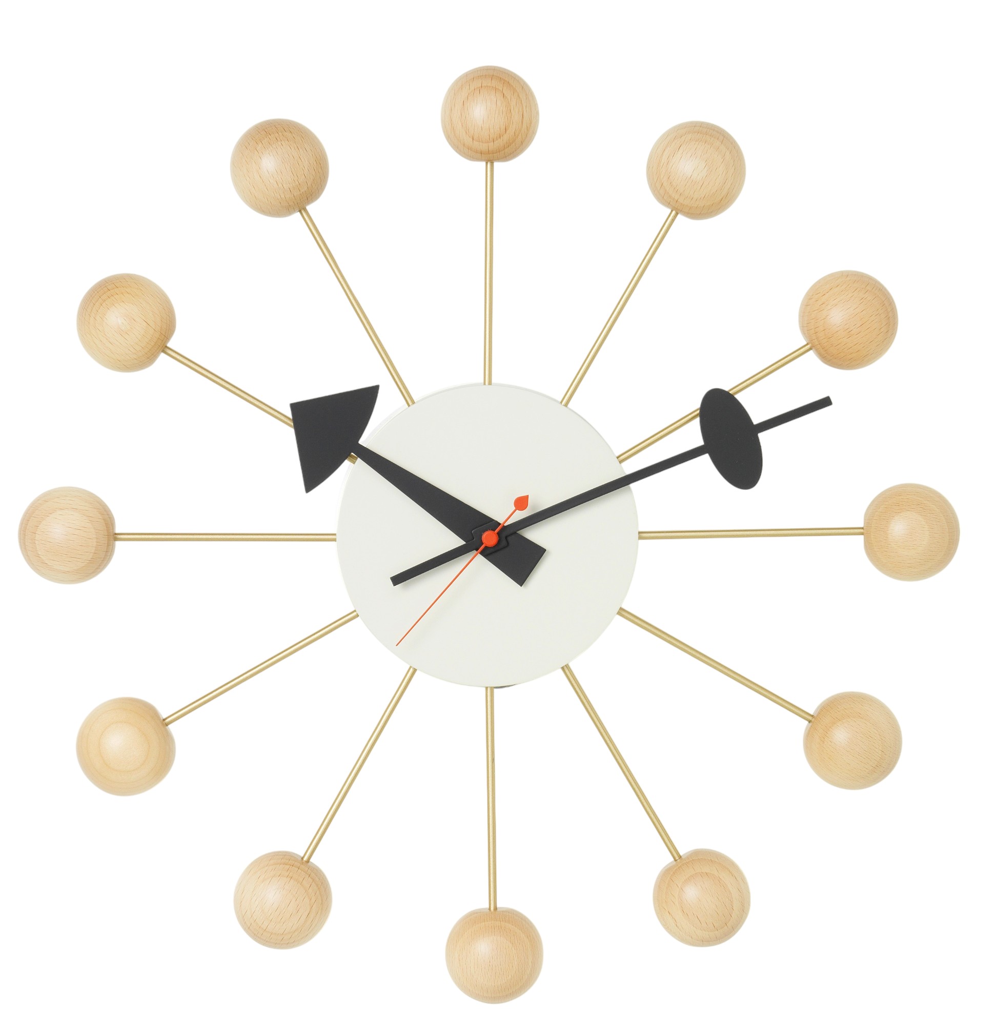 Vitra Ball Clock Wanduhr aus Buchenholz natur mit goldenen Streben und schwarzen Zeigern.