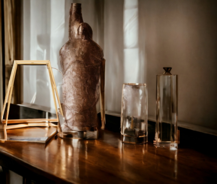Nahaufnahme der Foscarini Bridge Tischleuchte aus Messing auf einem Holztisch.