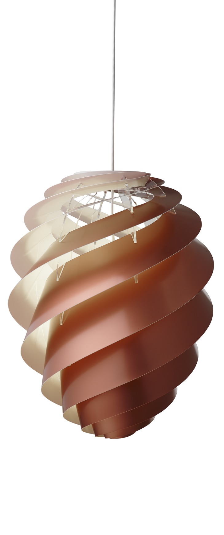 Kupferfarbene Swirl Pendelleuchte von Le Klint, spiralförmiges Design, moderne Hängelampe für Wohnzimmer und Essbereich.