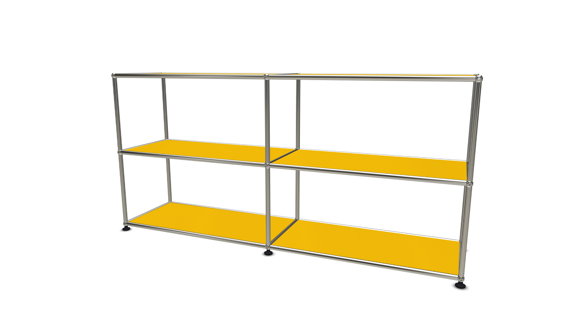 Offenes, gelbes USM Haller Sideboard mit zwei Fächern und verchromtem Stahlrohrgestell.
