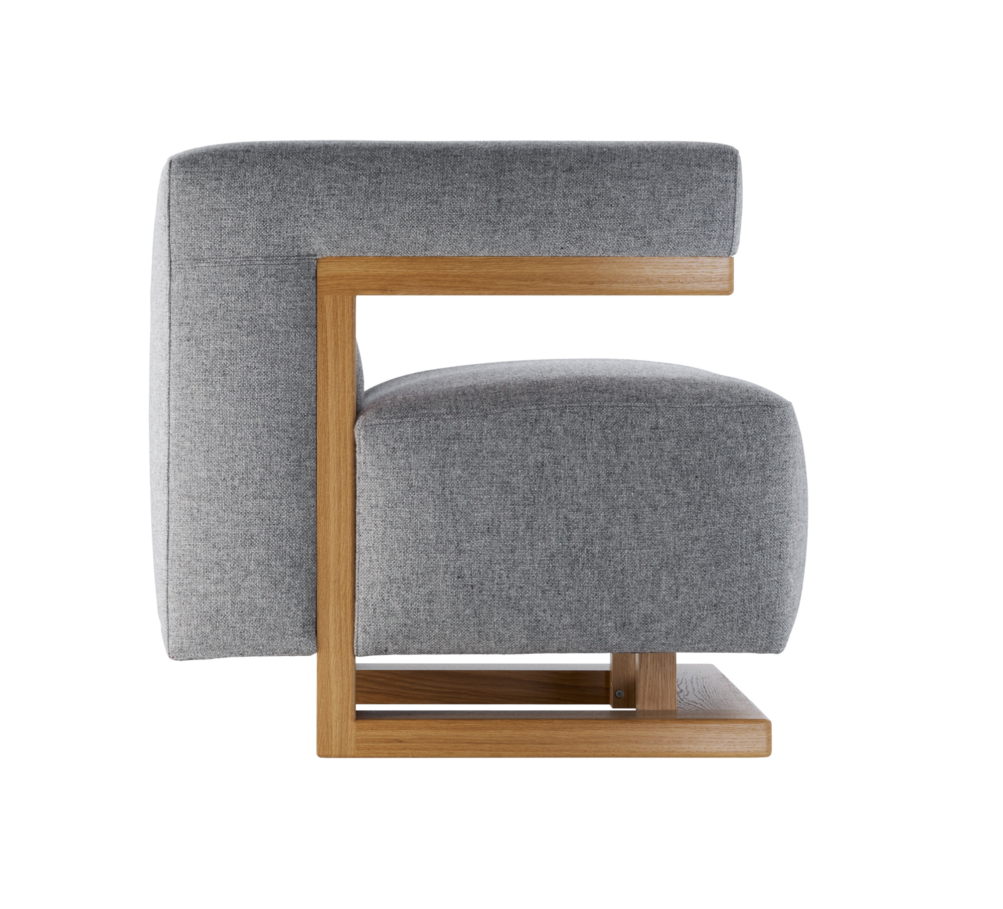 Gropius Sessel F51 im Bauhaus-Stil, grauer Stoffbezug und Gestell aus massivem Eichenholz.