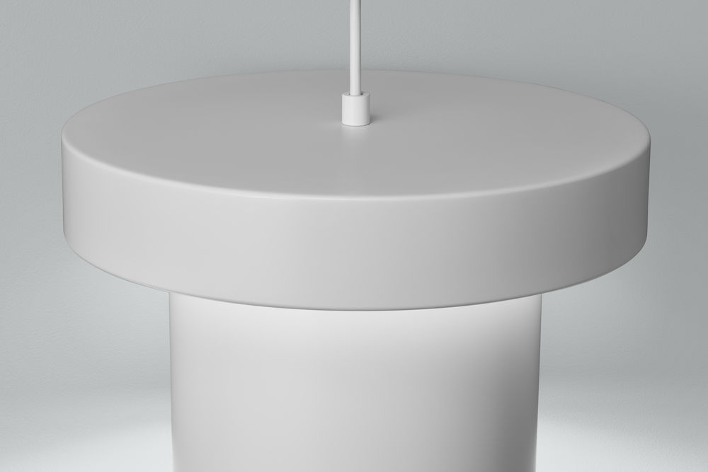 Nahaufnahme der weißen Artek A201 Pendelleuchte, modernes Design für Wohnzimmer und Esszimmer.