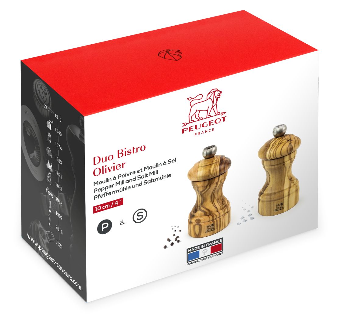 Produktverpackung: Peugeot Bistro Salz- und Pfeffermühle Duo, Olivenholz, 10 cm, für Küche und Tisch.