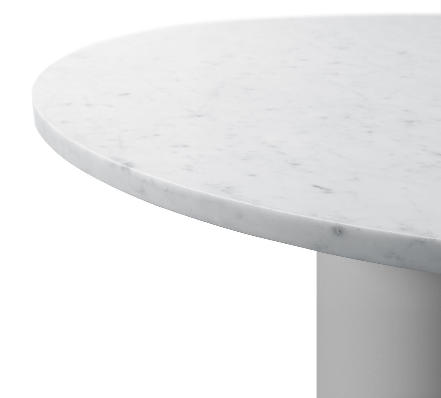 Detailaufnahme: Hiroki Tisch mit runder Tischplatte aus Bianco Carrara Marmor.