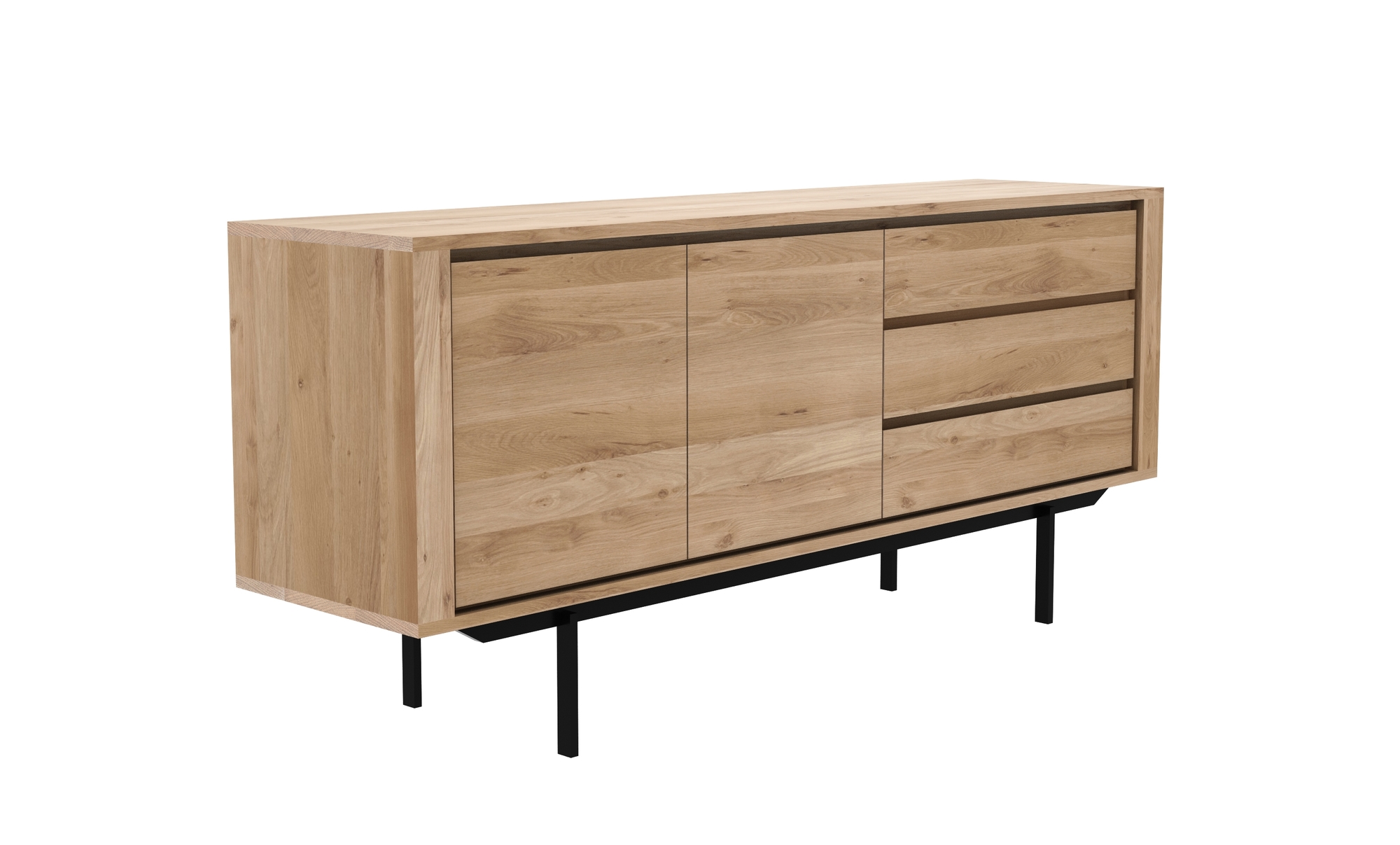 Shadow Anrichte von Ethnicraft: Moderne Kommode aus Eiche mit zwei Türen und Schubladen auf schwarzem Metallgestell.